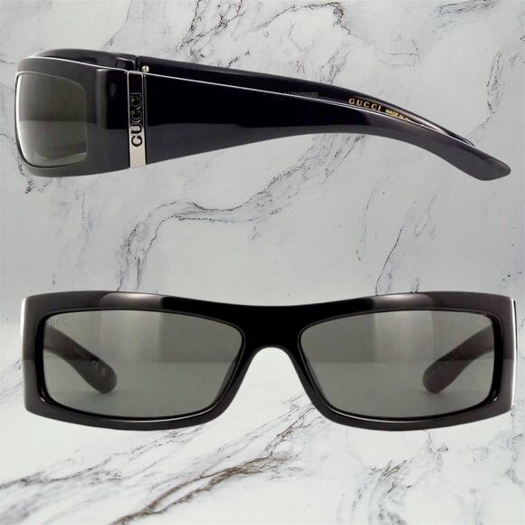 GUCCI Sunglasses New Black Wrap Square Acetate Fashion Show Rectangle Metal Logo - Picture 3 of 13